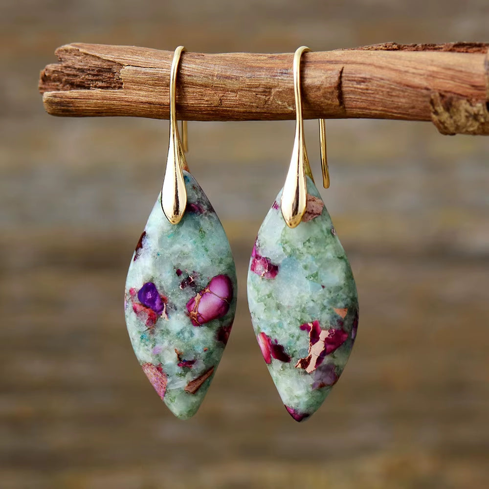 Boho Silver Plated Imperial Jaspers Hook Dangling Huggie Woman Earrings Ethnic Semiprecious Stone Jewellery Creative Gifts