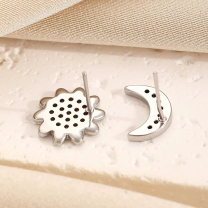 Stainless Steel Sun and Moon Stud Earrings for Women Sparkling Cubic Zirconia Earrings Original Design Fashion Jewelry