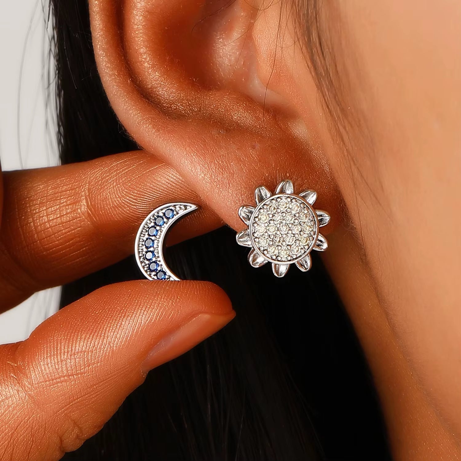 Stainless Steel Sun and Moon Stud Earrings for Women Sparkling Cubic Zirconia Earrings Original Design Fashion Jewelry
