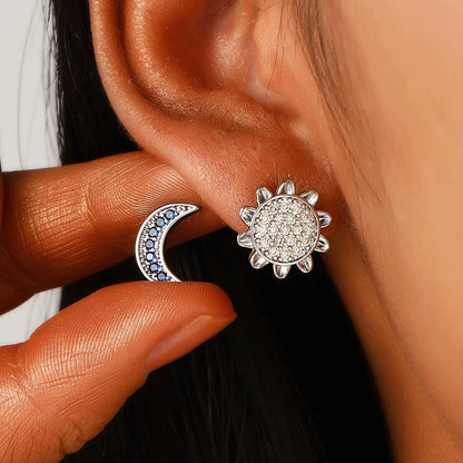 Stainless Steel Sun and Moon Stud Earrings for Women Sparkling Cubic Zirconia Earrings Original Design Fashion Jewelry