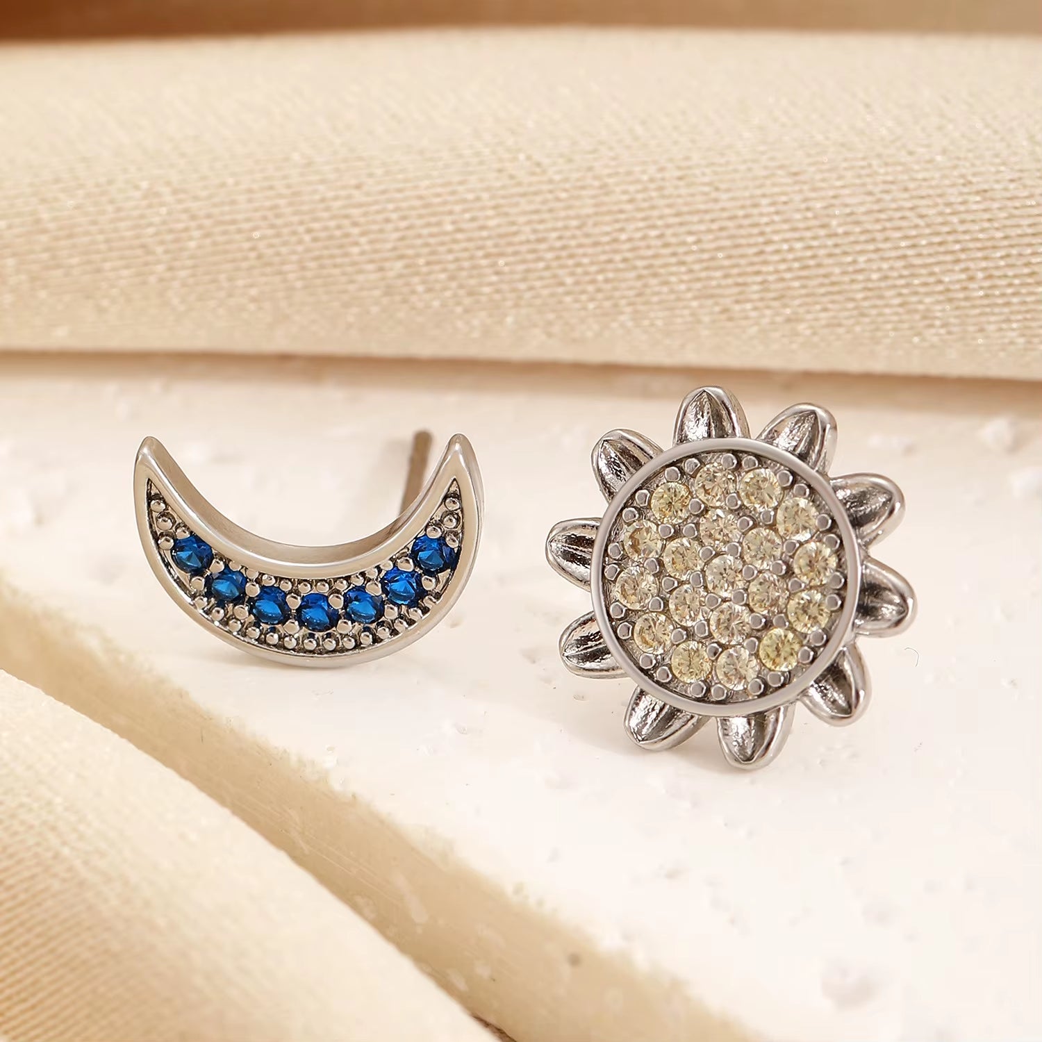 Stainless Steel Sun and Moon Stud Earrings for Women Sparkling Cubic Zirconia Earrings Original Design Fashion Jewelry