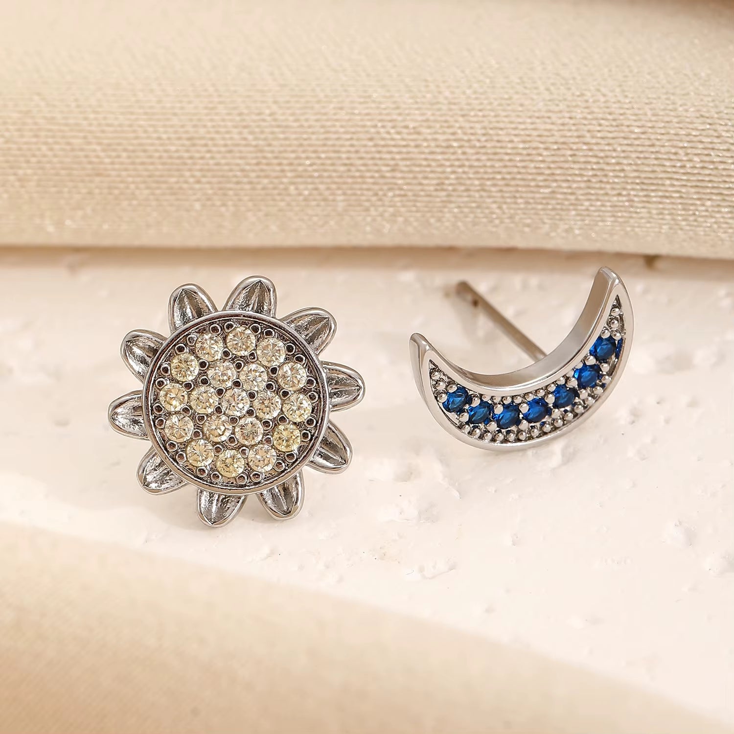Stainless Steel Sun and Moon Stud Earrings for Women Sparkling Cubic Zirconia Earrings Original Design Fashion Jewelry