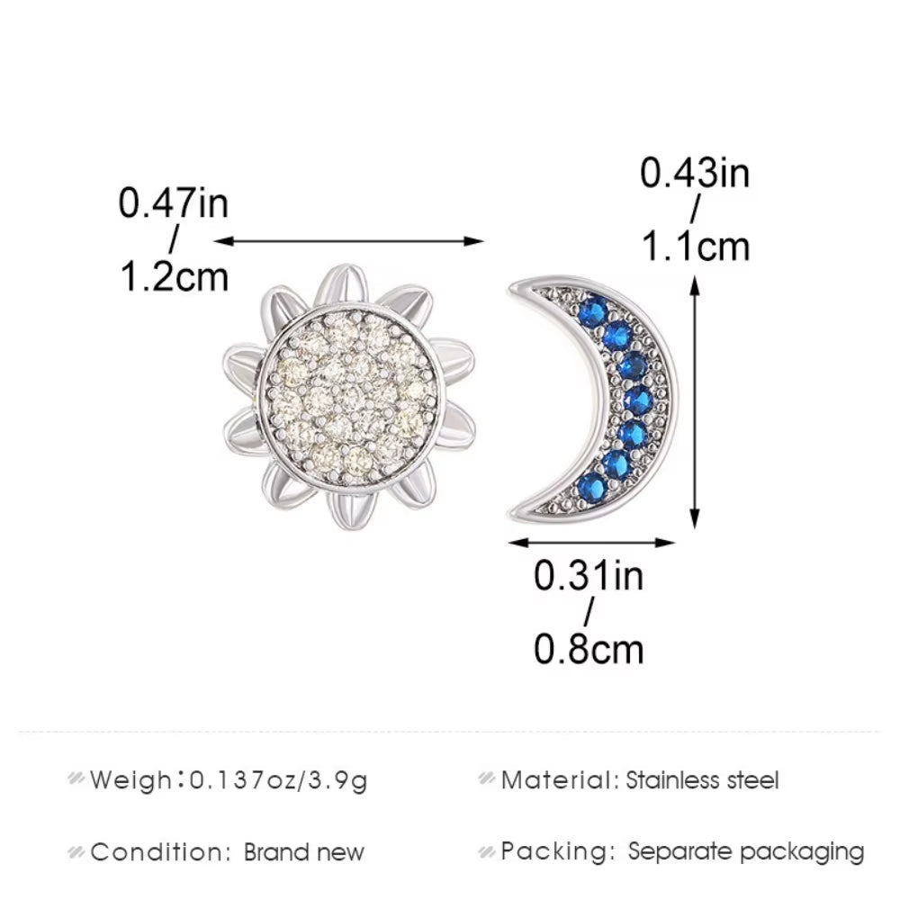 Stainless Steel Sun and Moon Stud Earrings for Women Sparkling Cubic Zirconia Earrings Original Design Fashion Jewelry