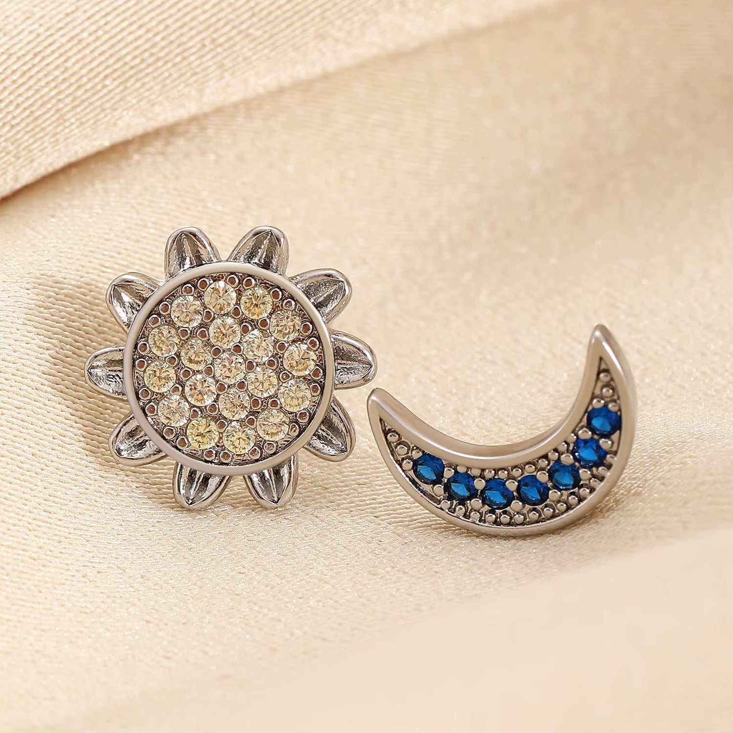 Stainless Steel Sun and Moon Stud Earrings for Women Sparkling Cubic Zirconia Earrings Original Design Fashion Jewelry