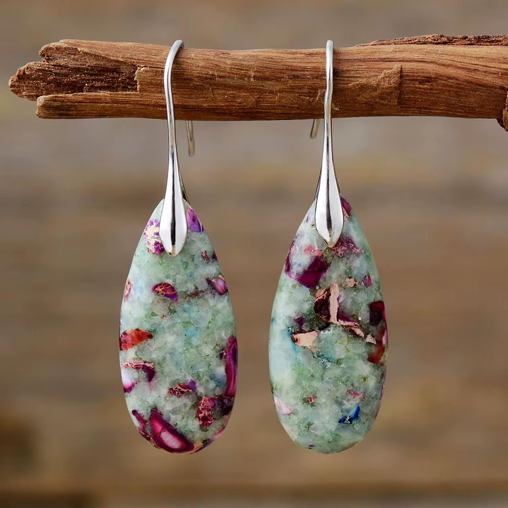 Boho Silver Plated Imperial Jaspers Hook Dangling Huggie Woman Earrings Ethnic Semiprecious Stone Jewellery Creative Gifts