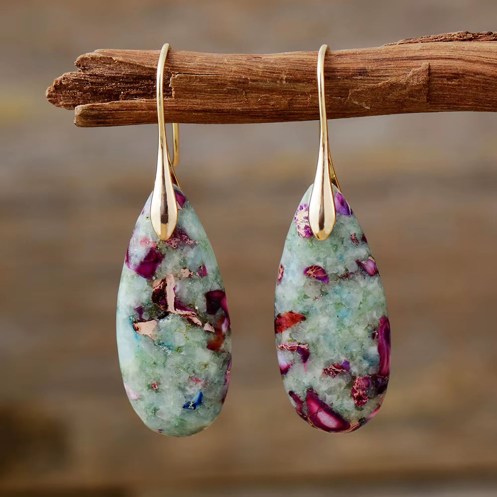 Boho Silver Plated Imperial Jaspers Hook Dangling Huggie Woman Earrings Ethnic Semiprecious Stone Jewellery Creative Gifts