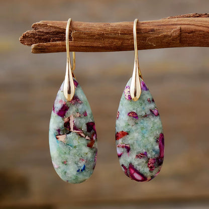 Boho Silver Plated Imperial Jaspers Hook Dangling Huggie Woman Earrings Ethnic Semiprecious Stone Jewellery Creative Gifts